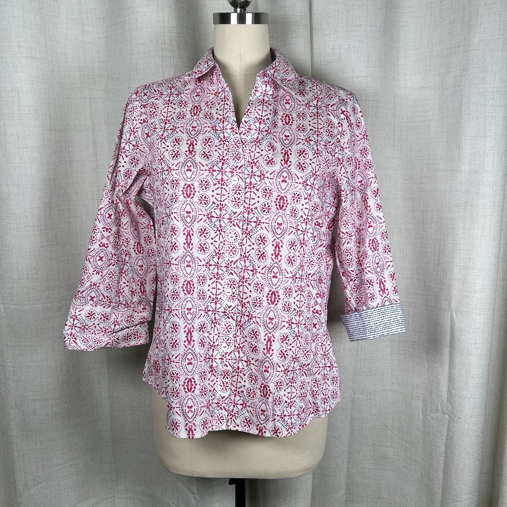 Foxcroft Easy Care Button Down Geometric Pink Blu… - image 1